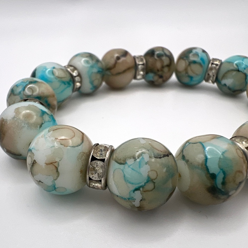 Turquoise‎ Brown Marbled Bead Stretch Bracelet Silver Rhinestone Spacers Boho